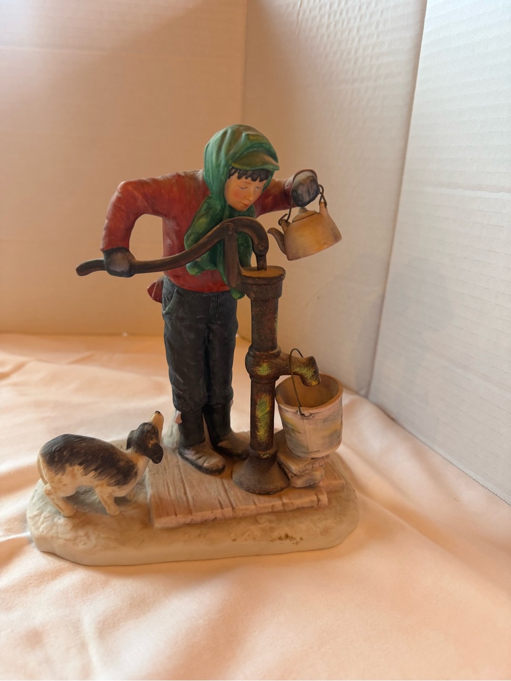Gorham Green-Hooded Boy with Tan Kettle Sculpture